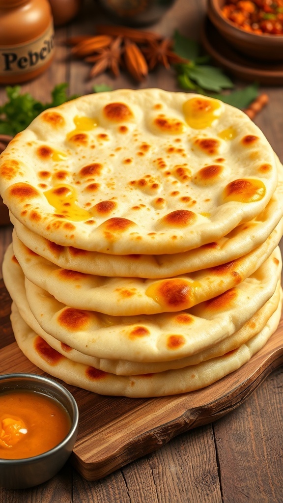 Freshly made naan bread stacked on a wooden board, brushed with butter, with a bowl of curry on the side.